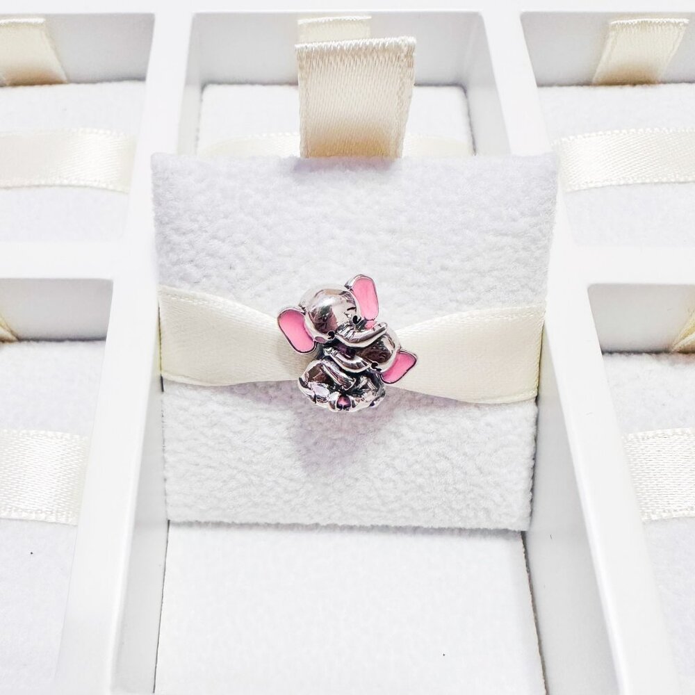 925 Sterling Silver Two Elephants Hug Charm, Pink Enamel Love Bead Fits Pandora